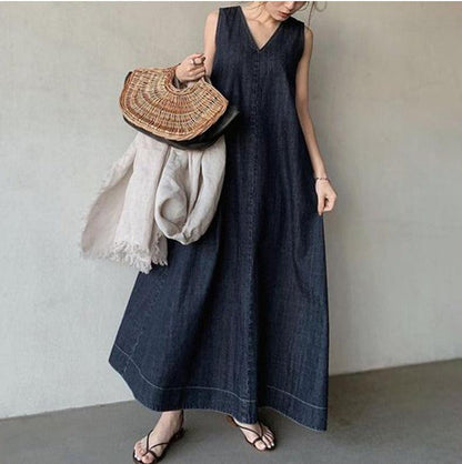 Literary Denim Tie Back V-Neck Long Dress