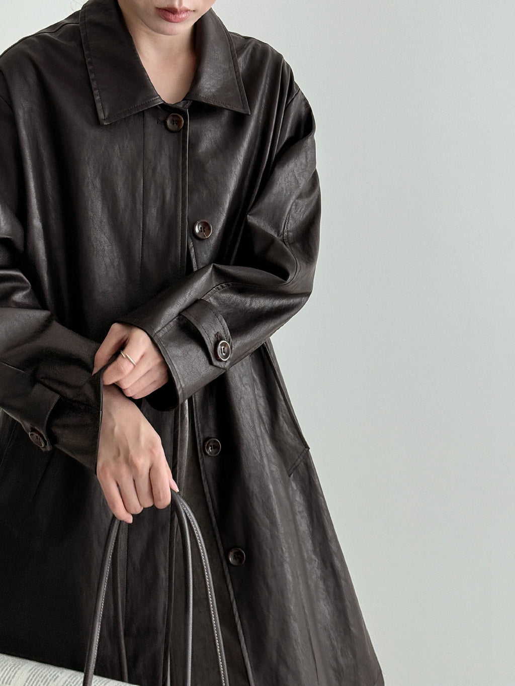 Vintage PU Lapel Leather Mid-length Windbreaker Jacket