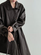 Vintage PU Lapel Leather Mid-length Windbreaker Jacket