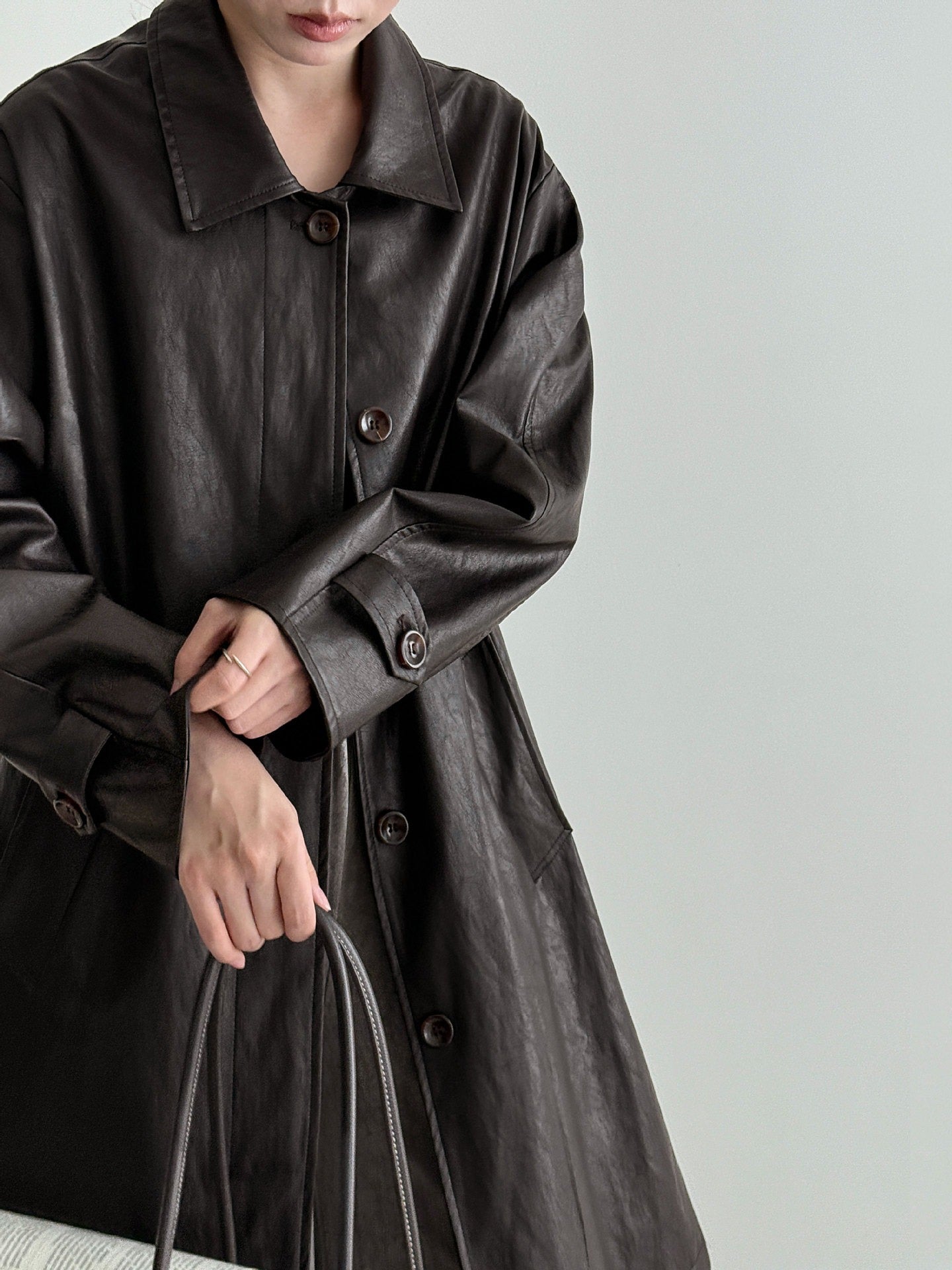 Vintage PU Lapel Leather Mid-length Windbreaker Jacket