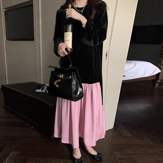 Loose Long-sleeved Split-joint Velvet Dress