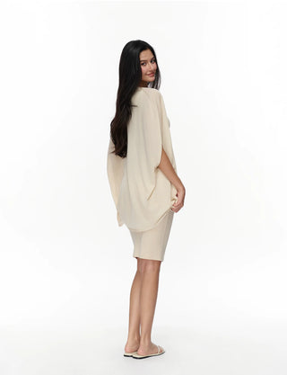 Elegant Cape Sleeve Ruched Midi Dress - PAINEVIDA
