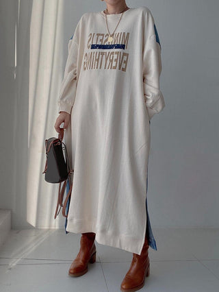 Simple Letter Print Denim Splt-joint Long Sleeve Sweatshirt Dress