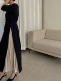 Elegant Crew Neck Panelled Pleated Knit Lace-Up Dress