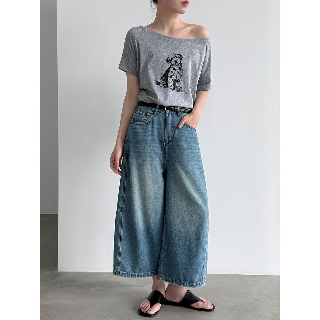 Vintage Denim Cropped Wide Leg Seven Points Jeans With Belt