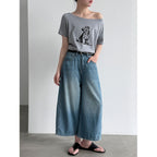 Vintage Denim Cropped Wide Leg Seven Points Jeans With Belt