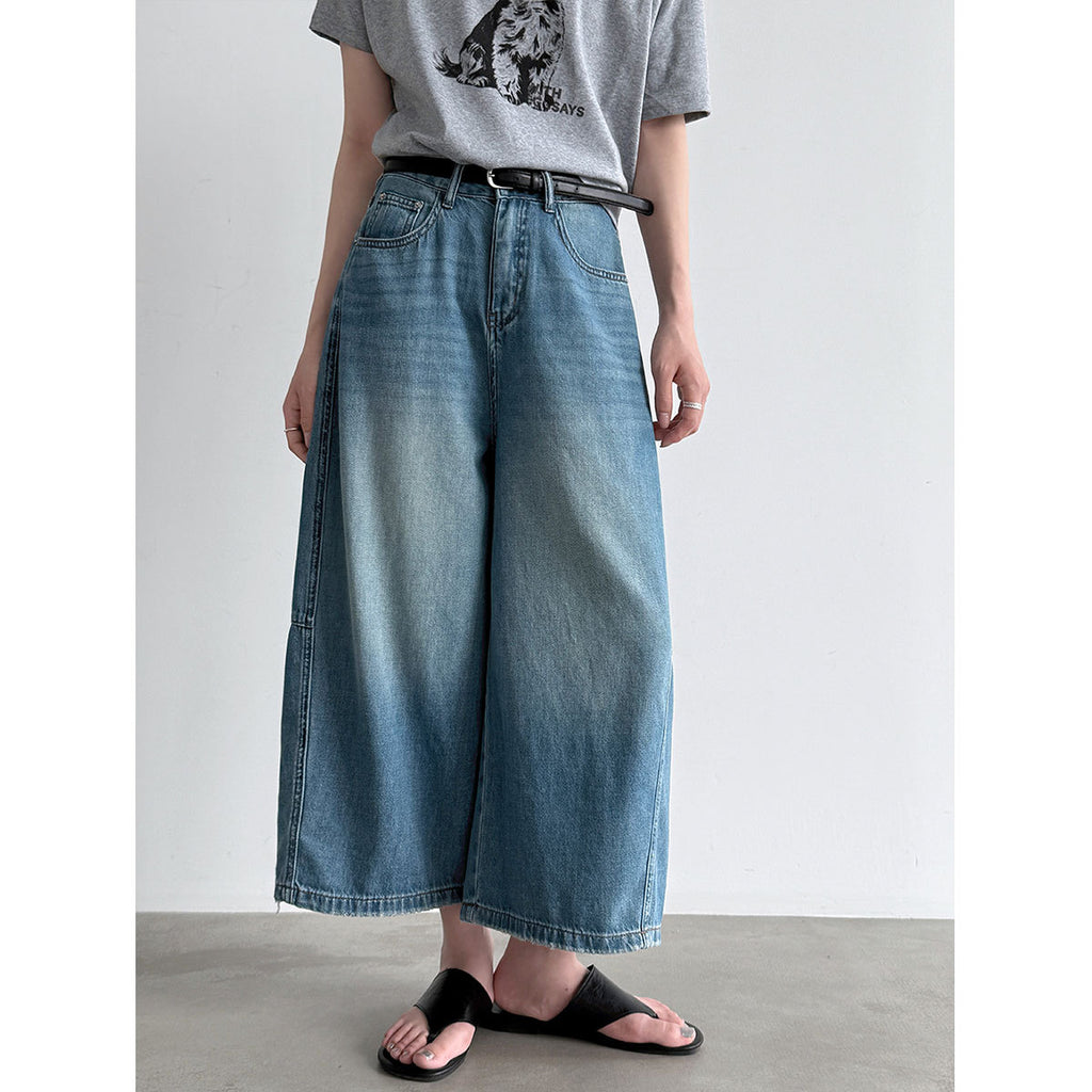 Vintage Denim Cropped Wide Leg Seven Points Jeans With Belt
