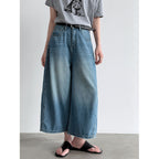 Vintage Denim Cropped Wide Leg Seven Points Jeans With Belt