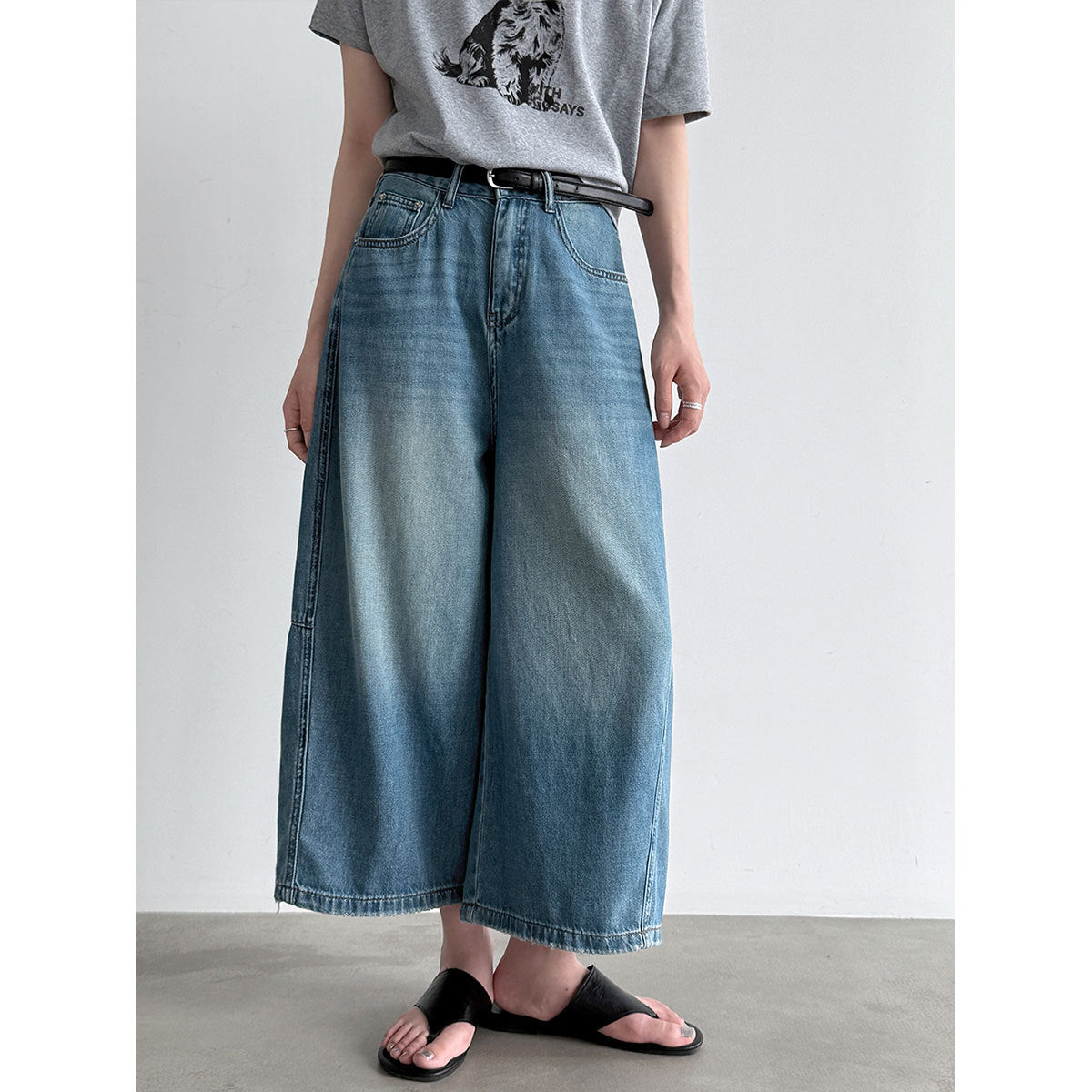 Vintage Denim Cropped Wide Leg Seven Points Jeans With Belt