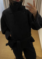 Short Stand-up Collar Wool Tie Coat