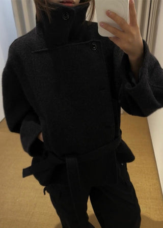 Short Stand-up Collar Wool Tie Coat by painevida