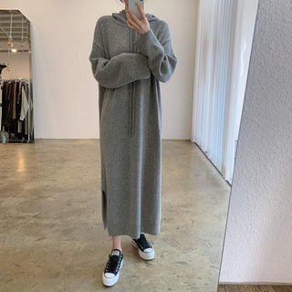 Loose Long Split-side Hooded Knit Dress