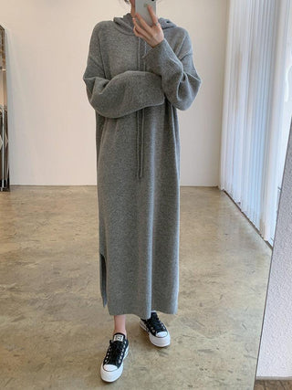 Loose Long Split-side Hooded Knit Dress