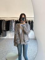 Vintage V-Neck Fringed Frayed Mélange Knit Cardigan by painevida