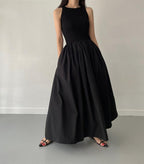 Elegant Round Neck Waist Slim Pleated Long Dress