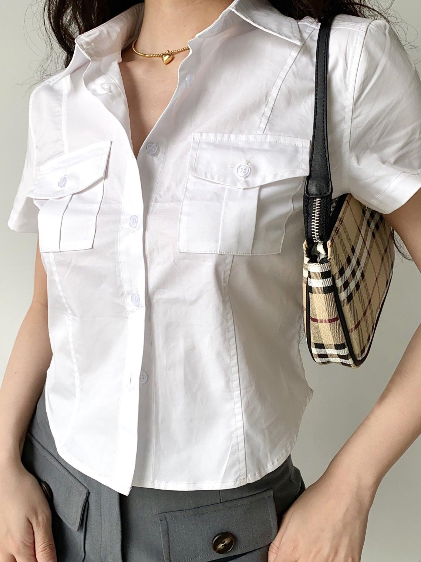 Vintage Preppy Double Pocket Lapel Short Sleeves Shirt