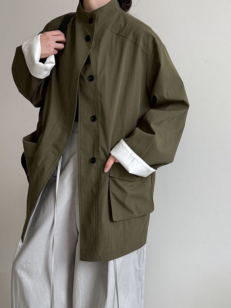 Stand Collar Loose Drawstring Large Pocket Windbreaker Jacket