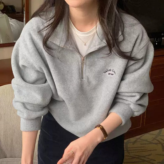 Retro Lapel Embroidered Casual Suede Sweatshirt