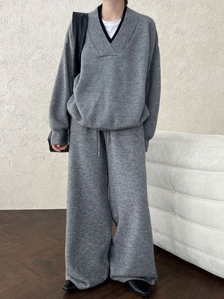 Retro Loose Splicing V-neck Sweater + Wide-leg Pants Suit by painevida
