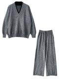 Retro Loose Splicing V-neck Sweater + Wide-leg Pants Suit