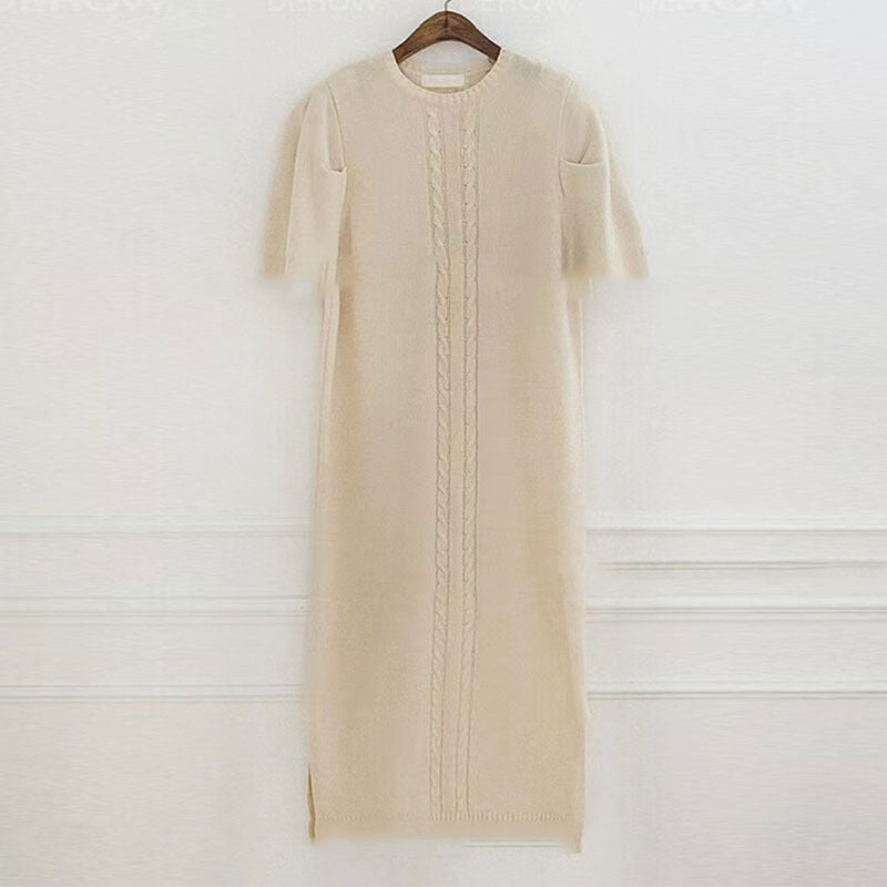 Vintage Textured Short Sleeves Long Slit Sweater Dress by painevida