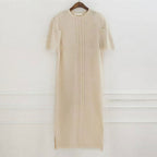 Vintage Textured Short Sleeves Long Slit Sweater Dress by painevida