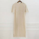 Vintage Textured Short Sleeves Long Slit Sweater Dress - PAINEVIDA