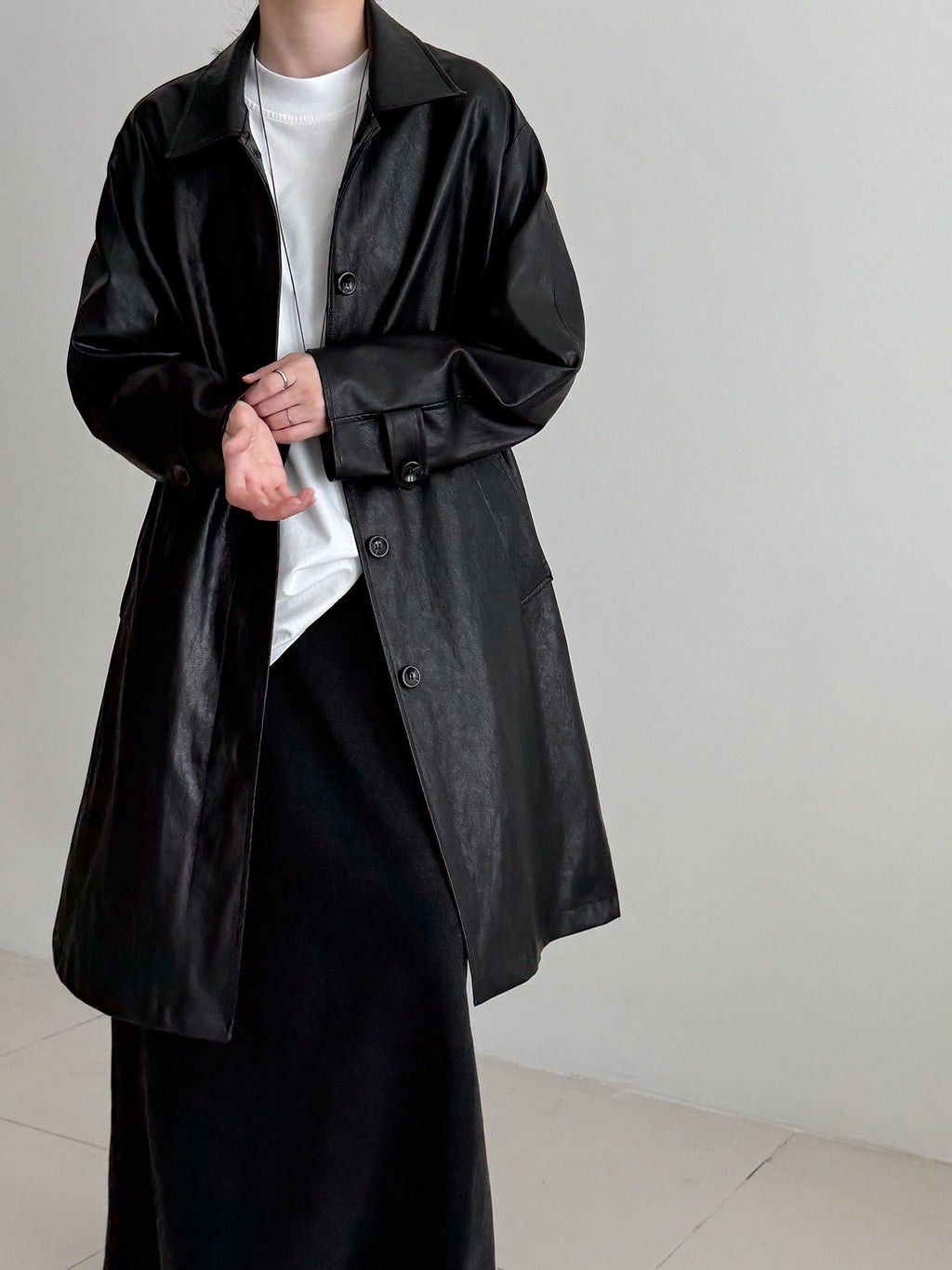 Vintage PU Lapel Leather Mid-length Windbreaker Jacket