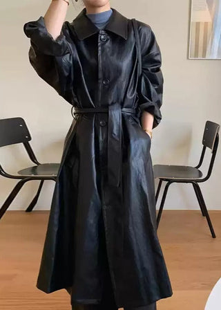 Lapel Tie Single-Breasted Long PU Leather Jacket by painevida