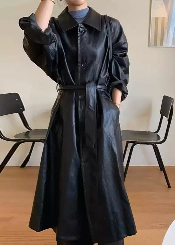 Lapel Tie Single-Breasted Long PU Leather Jacket