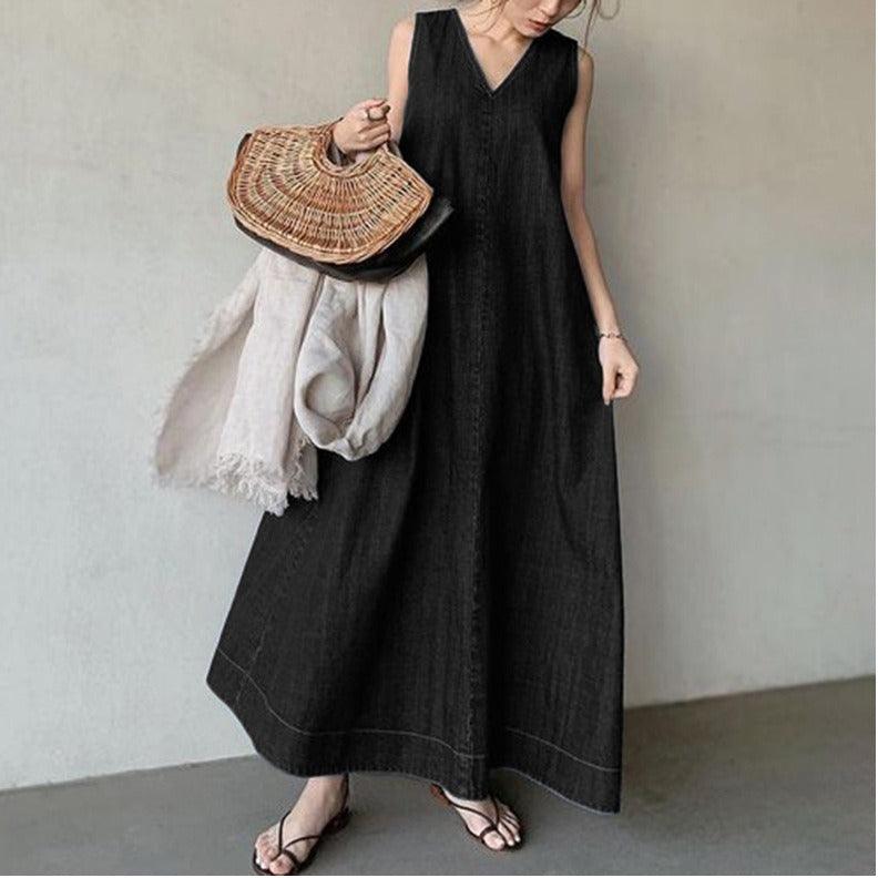 Literary Denim Tie Back V-Neck Long Dress