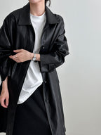 Vintage PU Lapel Leather Mid-length Windbreaker Jacket