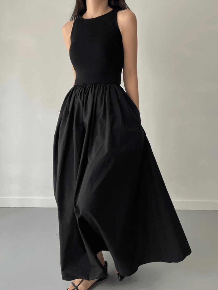 Elegant Round Neck Waist Slim Pleated Long Dress by painevida