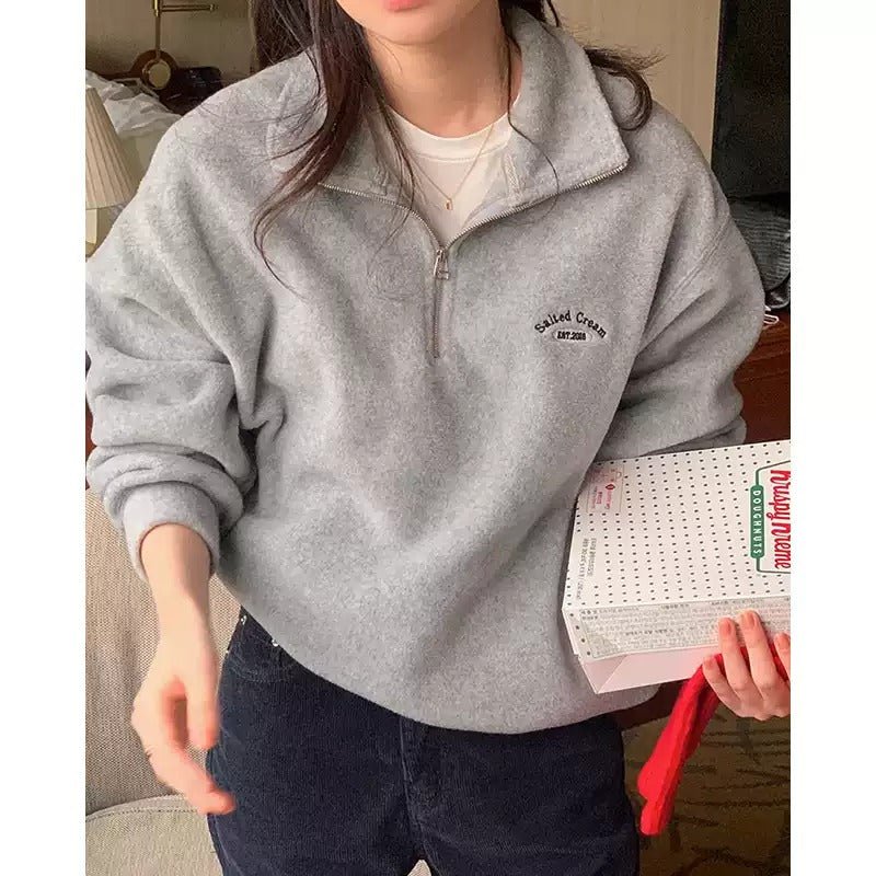 Retro Lapel Embroidered Casual Suede Sweatshirt by painevida