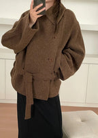 Short Stand-up Collar Wool Tie Coat