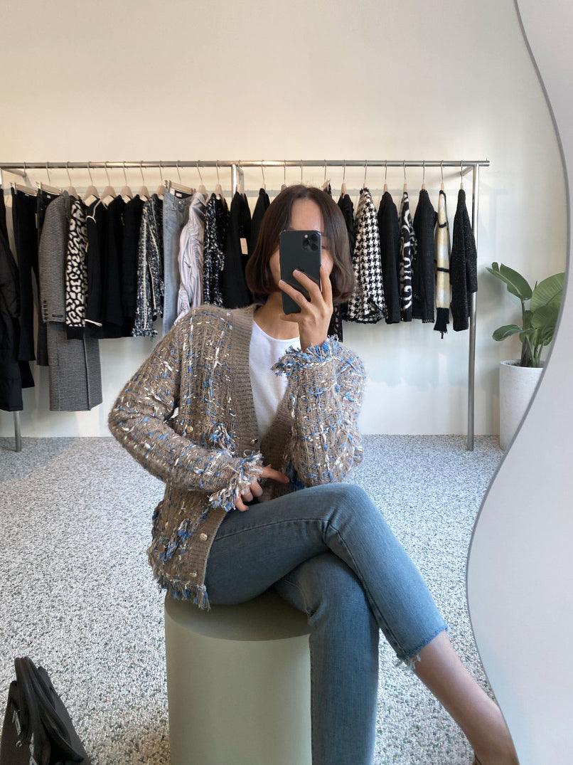 Vintage V-Neck Fringed Frayed Mélange Knit Cardigan by painevida