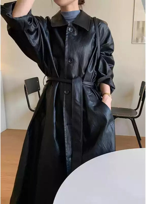 Lapel Tie Single-Breasted Long PU Leather Jacket