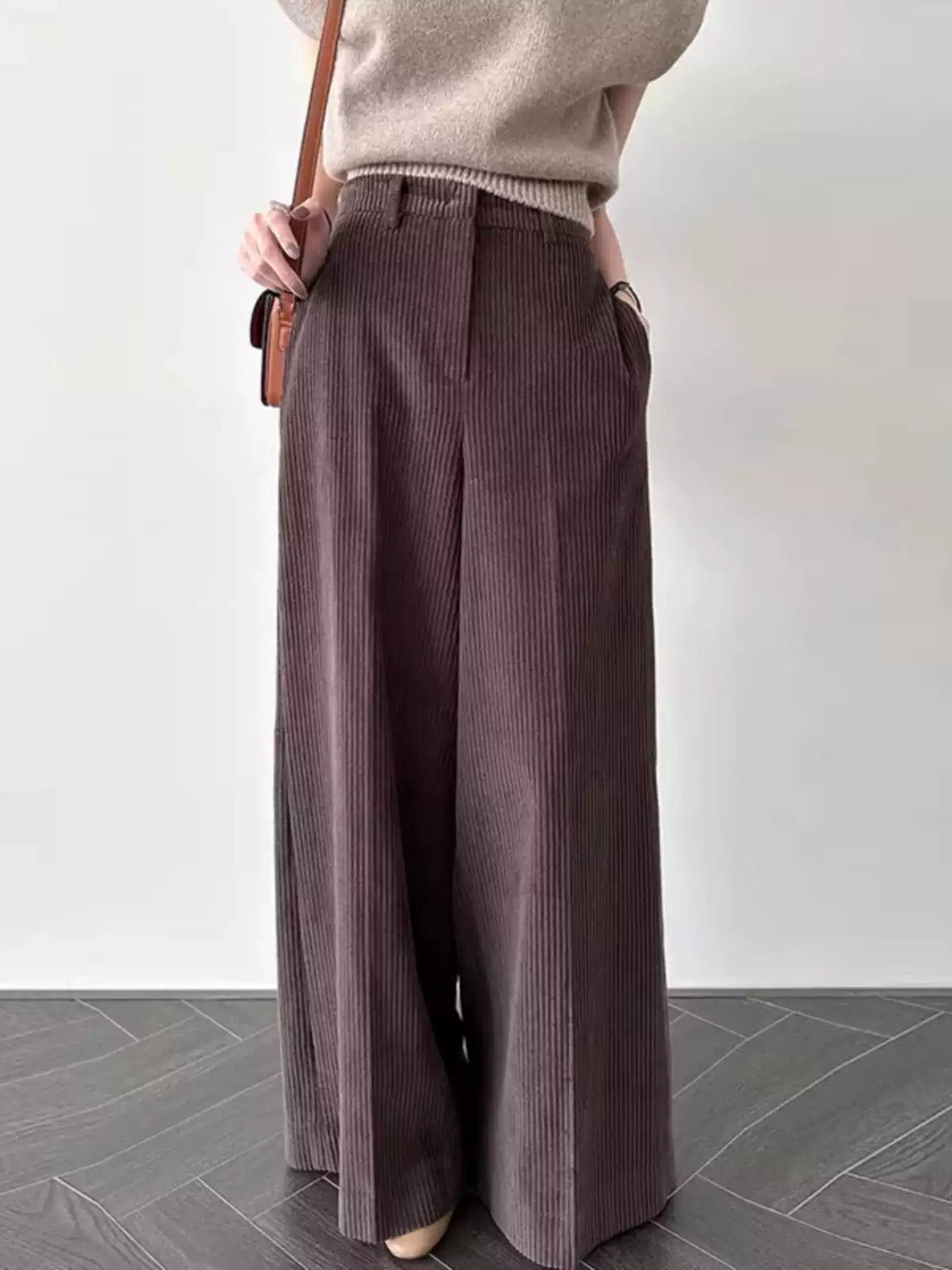 Simple Corduroy High Waist Casual Wide Leg Pants