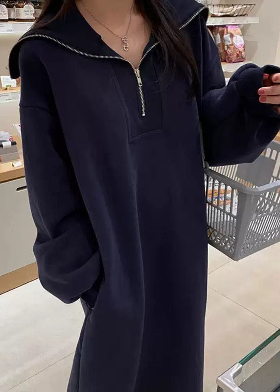 Lazy style navy collar loose sweatshirt dress