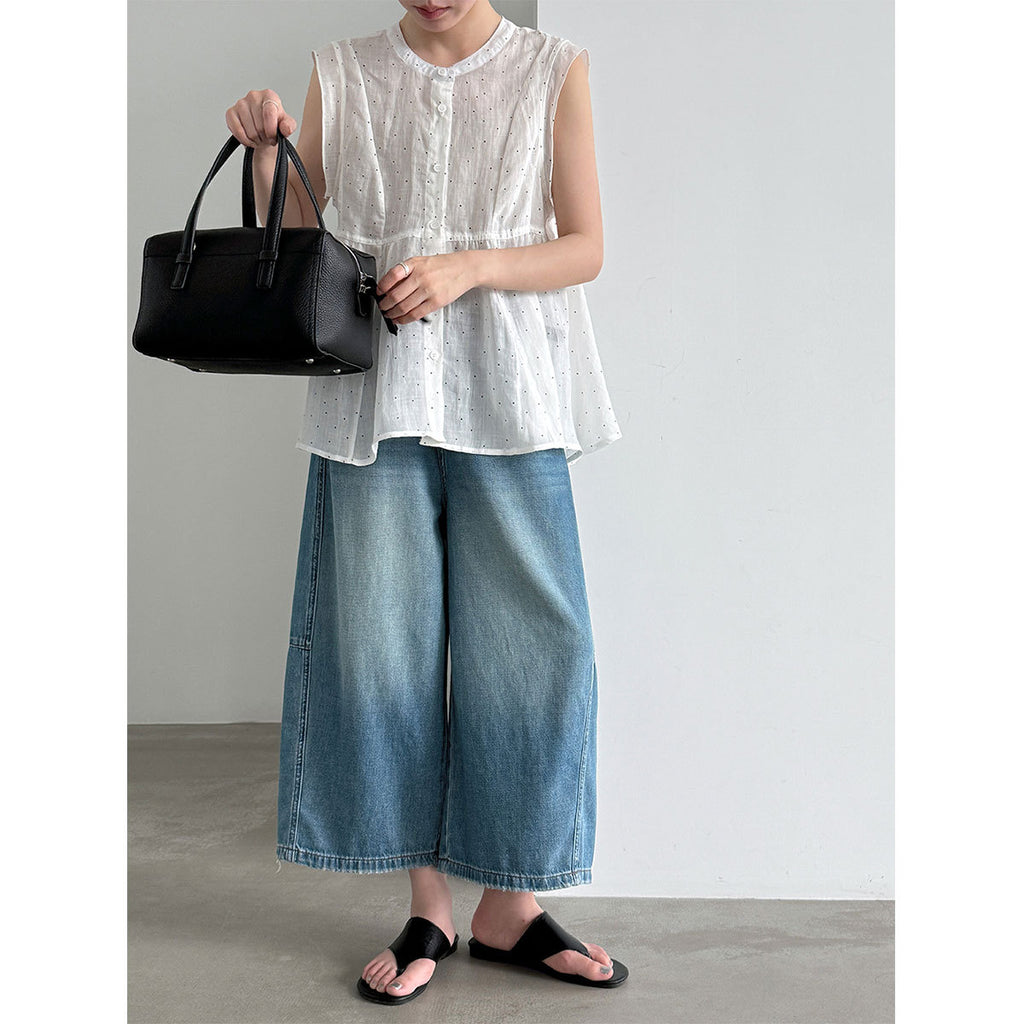 Vintage Denim Cropped Wide Leg Seven Points Jeans With Belt