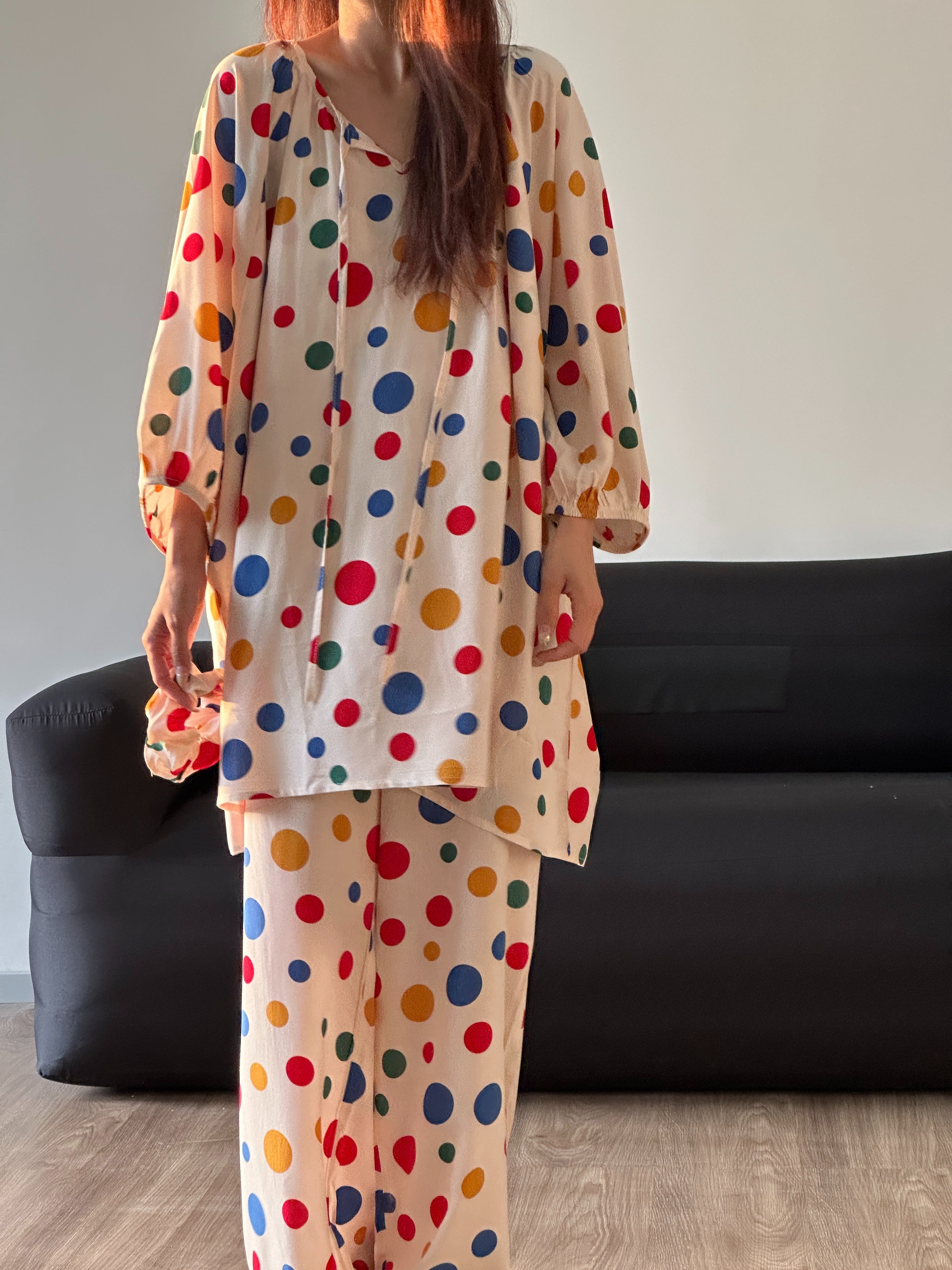 Colorful Polka Dot Cotton Silk Home Wear Set Pajamas