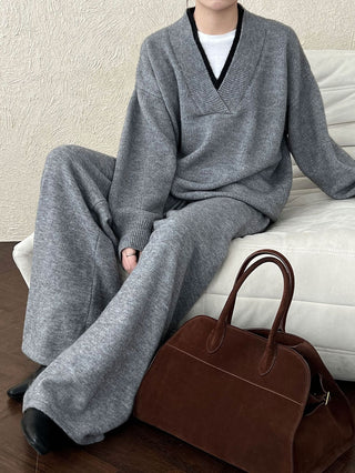 Retro Loose Splicing V-neck Sweater + Wide-leg Pants Suit by painevida