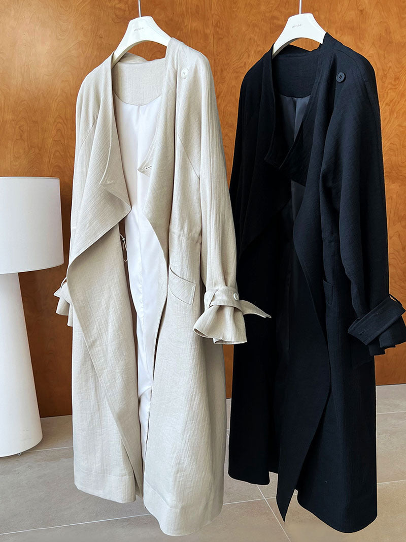 Knee-length Drawstring Linen Windbreaker