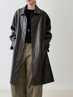 Vintage PU Lapel Leather Mid-length Windbreaker Jacket