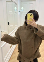 Short Stand-up Collar Wool Tie Coat