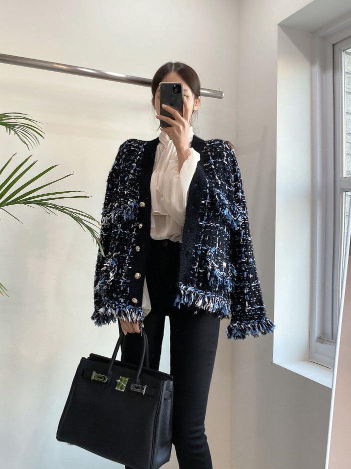 Vintage V-Neck Fringed Frayed Mélange Knit Cardigan by painevida