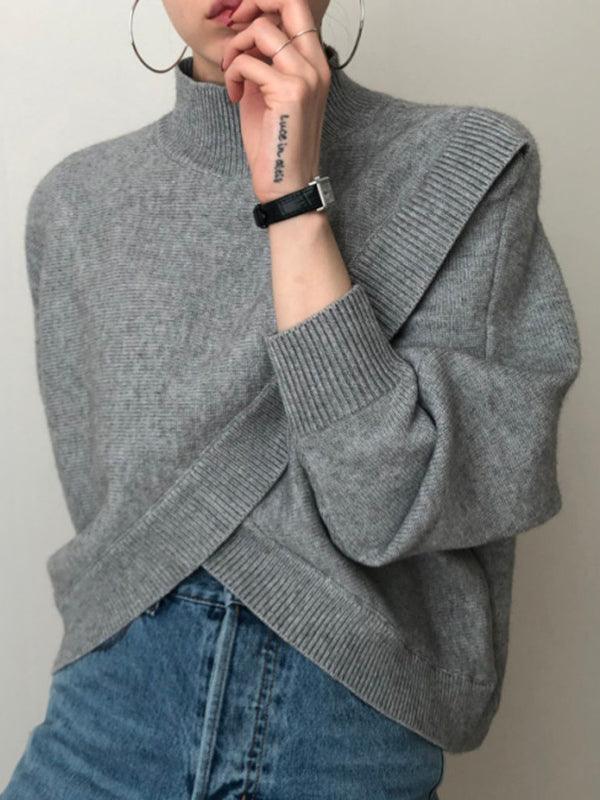 Half Turtleneck Cross Irregular Loose Pullover Sweater by painevida