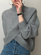 Half Turtleneck Cross Irregular Loose Pullover Sweater by painevida