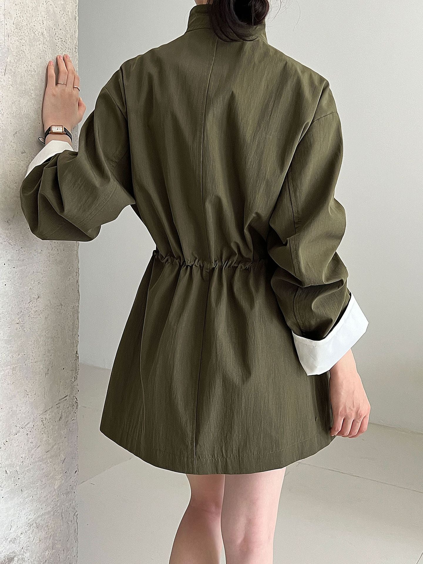 Stand Collar Loose Drawstring Large Pocket Windbreaker Jacket