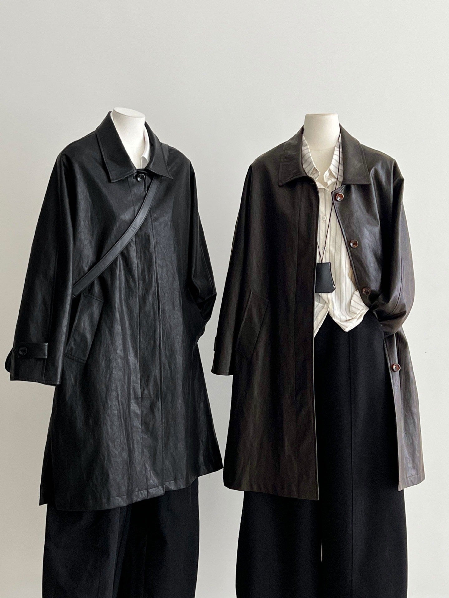 Vintage PU Lapel Leather Mid-length Windbreaker Jacket